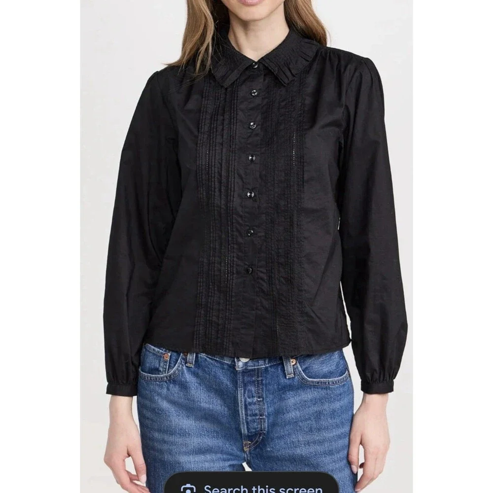 Trovata Birds of Paradis Alise Blouse Black Cotton Pintuck Ruffle Small